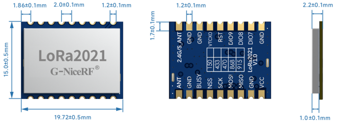 Um desenho técnico mostrando as dimensões mecânicas do módulo LoRa2021. Ele exibe as vistas superior, inferior e lateral com medidas precisas, indicando um tamanho de módulo de 19,72 mm x 15,0 mm e um espaçamento entre pinos de 1,2 mm.