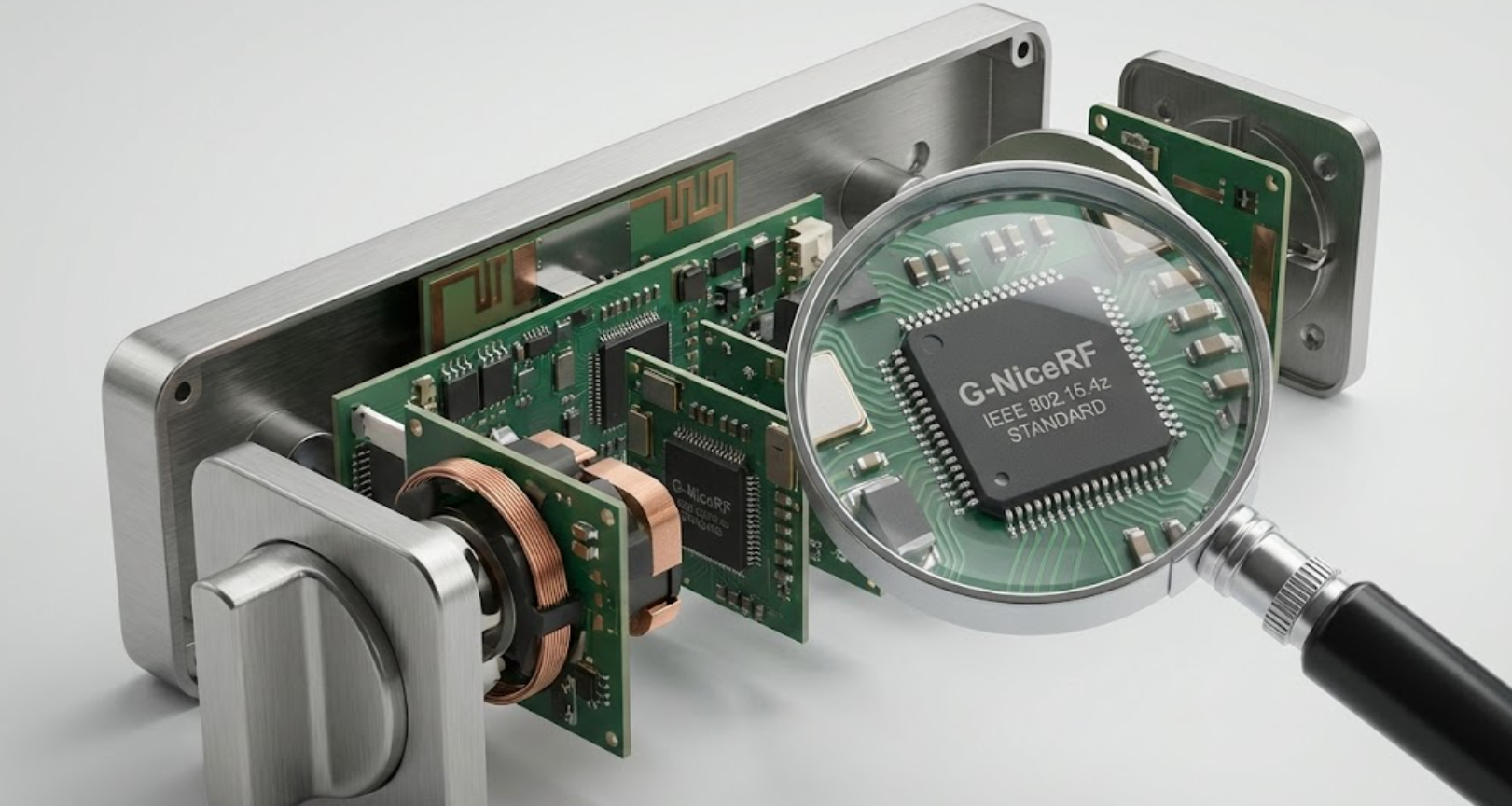 Vista explodida dos componentes da fechadura inteligente UWB e do chip IEEE.