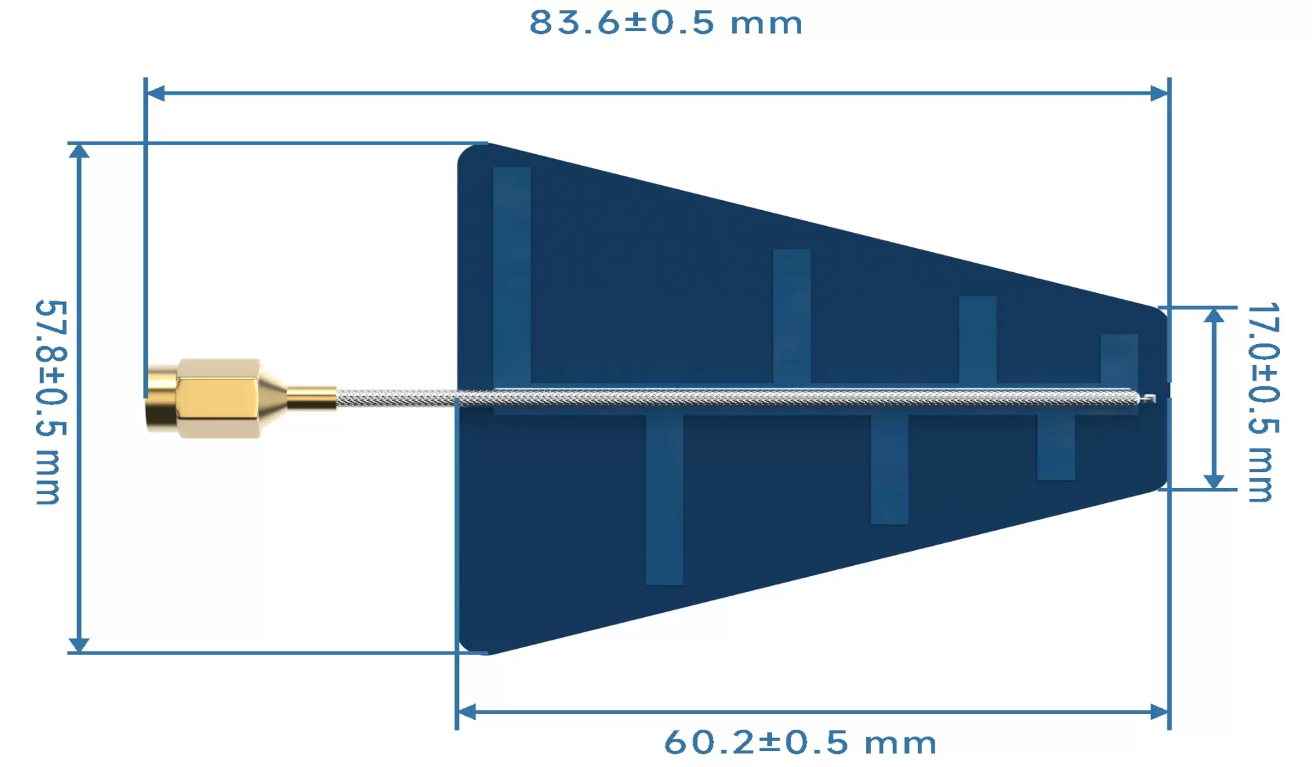 Dimensões mecânicas da antena PCB logarítmica direcional UWB UWB - PCB - D