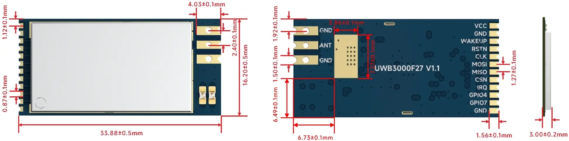 Dimensões mecânicas do módulo front-end UWB de alta potência de 500 mW UWB3000F27