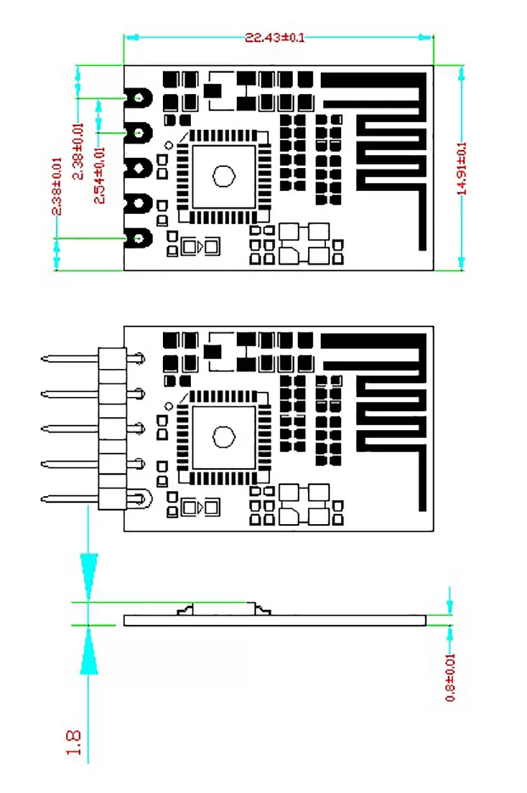 Dimensões mecânicas do módulo BLE 4.0 UART BLE RF2541
