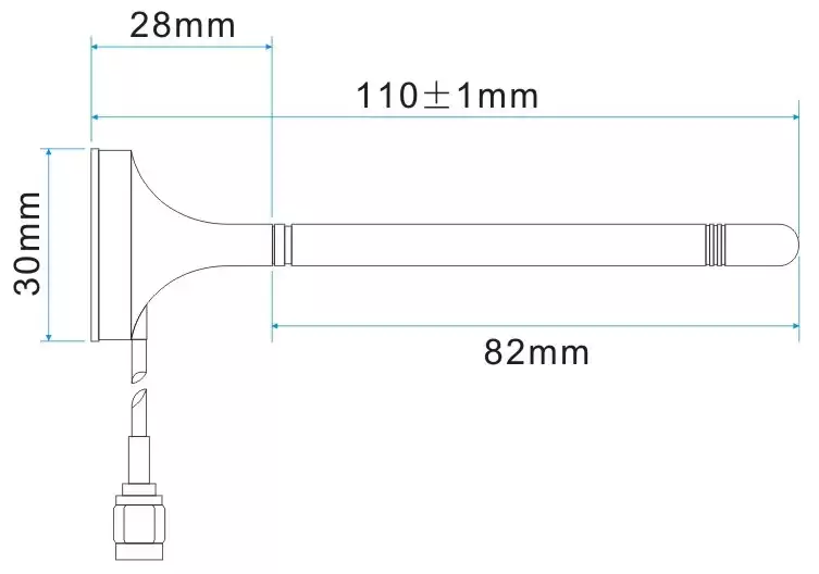Dimensões mecânicas da pequena antena de sucção de 433 MHz SW433-ZXPXM