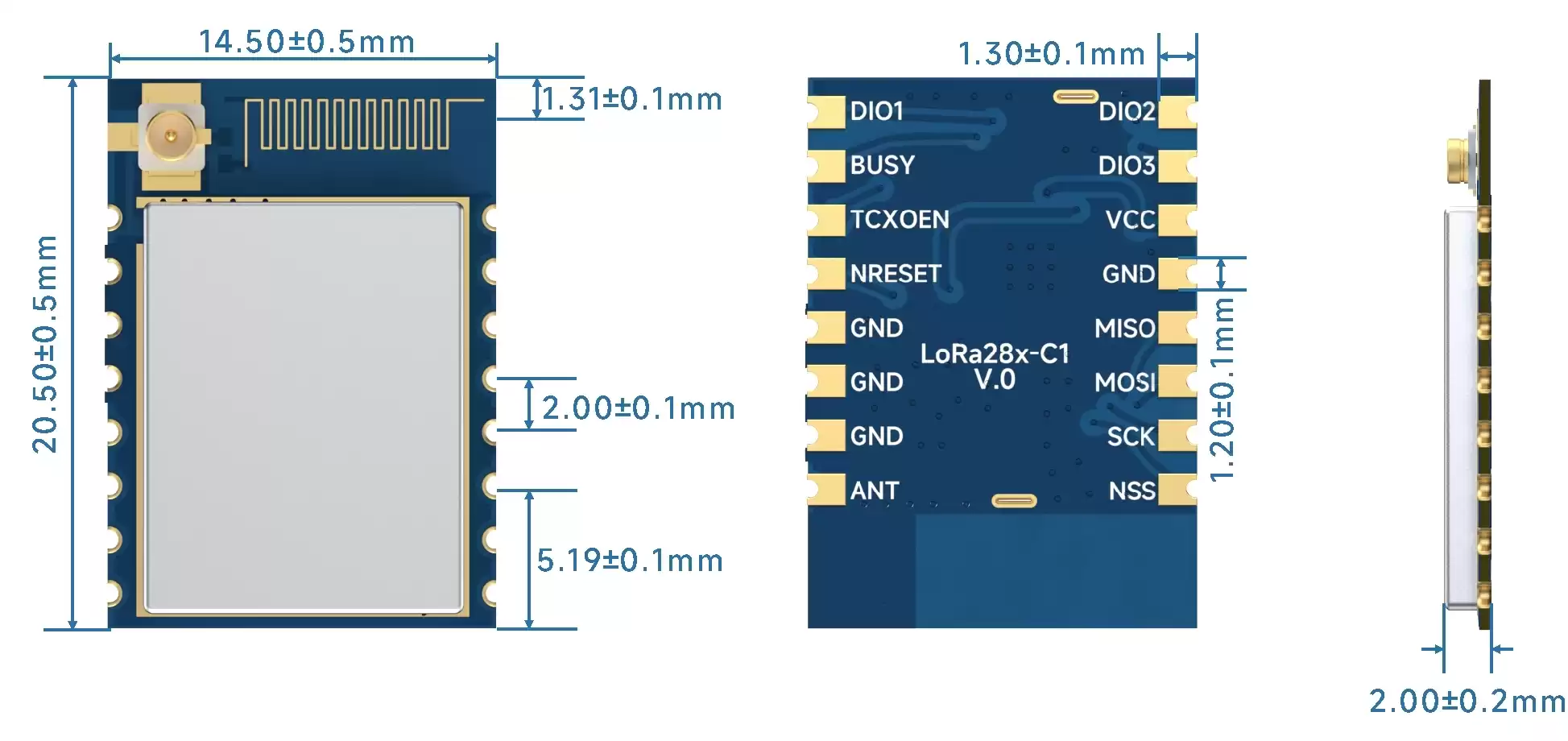 Dimensões mecânicas do módulo transceptor sem fio LoRa de 2,4 GHz LoRa128X-C1.