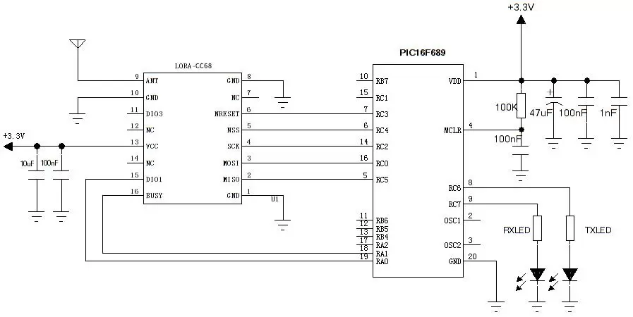 Circuito de aplicação do módulo transceptor sem fio LoRa-CC68-868-T.