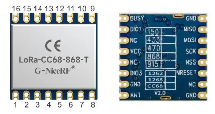 Definição de pinos do módulo transceptor sem fio LoRa-CC68-868-T