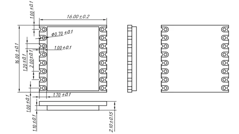 Dimensões mecânicas do módulo transceptor sem fio LoRa-CC68-868-T.