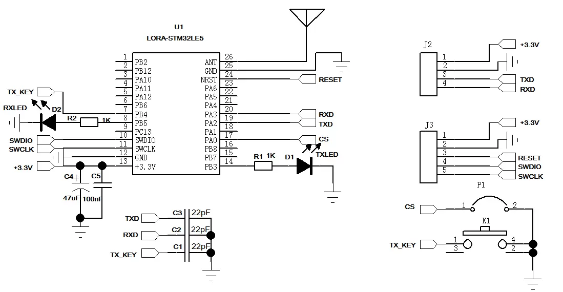 Circuito de aplicação do módulo SOC LoRa-STM32WLE5