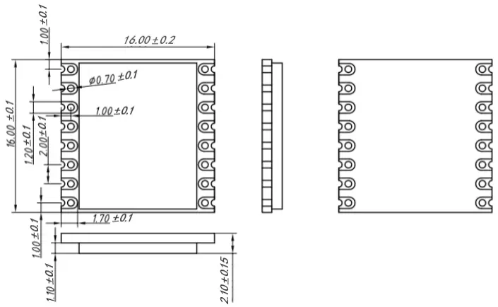 Dimensões mecânicas do módulo sem fio LoRa de alcance TCXO SX1280/SX1281 de 2,4 GHz LoRa128X - T