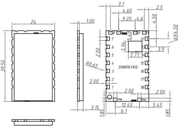 Dimensões mecânicas do módulo walkie talkie DMR DMR818S-U.