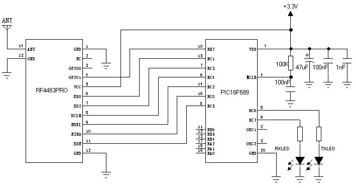 Circuito de aplicação do módulo RF RF4463PRO-868