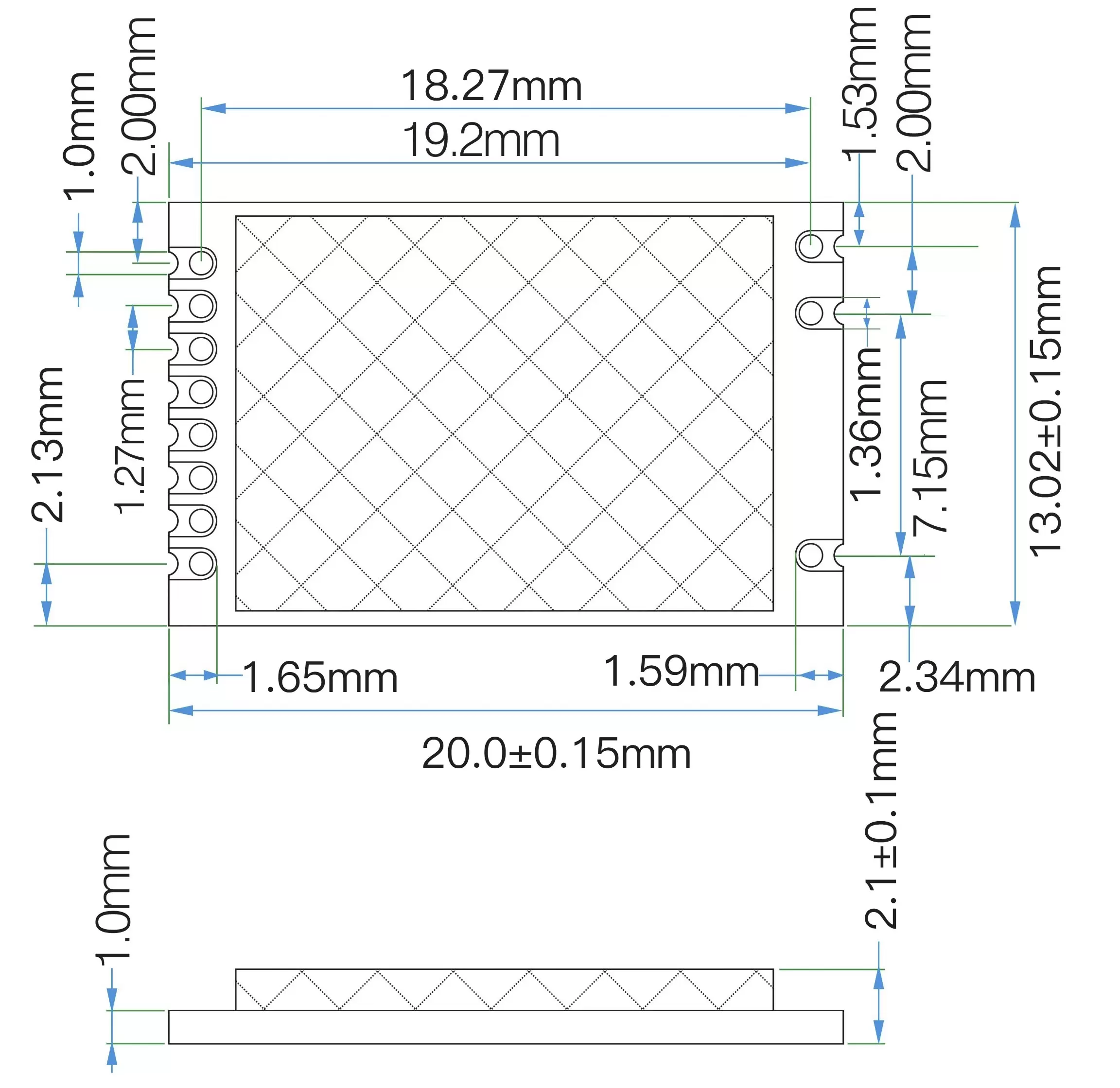 Dimensões mecânicas do módulo RF nórdico original RF2401F20 de 2,4 GHz