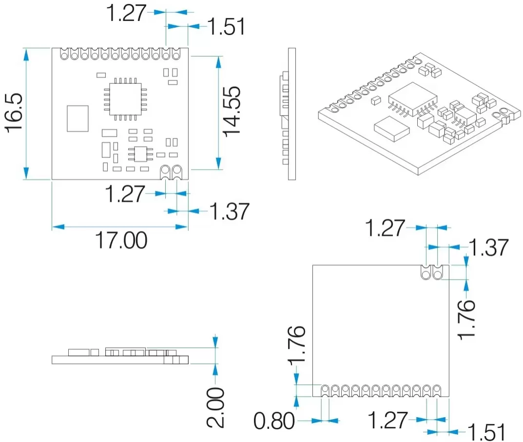 Esquema mecânico do módulo transceptor RF Si4432 de 100 mW RF4432