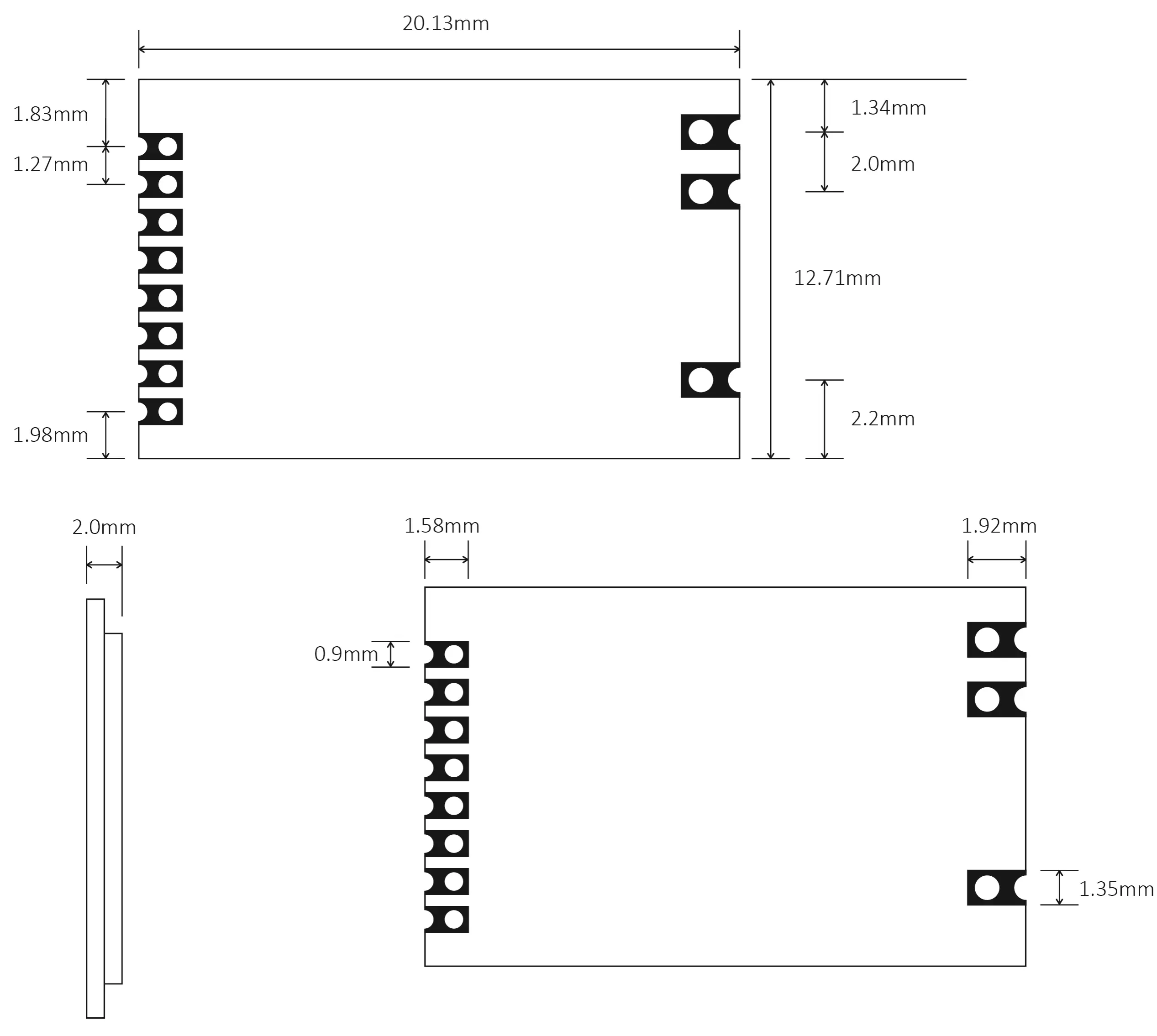 Dimensões mecânicas do módulo transceptor RF de 20 mW RF1101