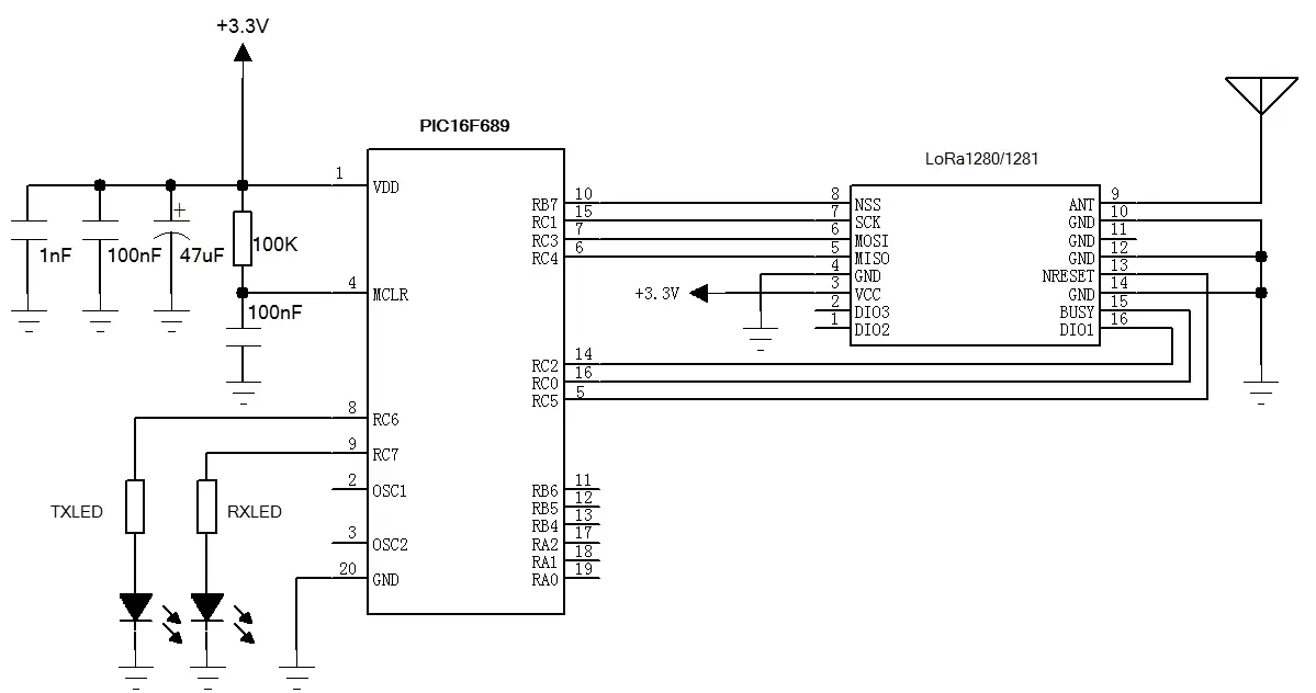 Circuito de aplicação dos módulos LoRa sem fio de 2,4 GHz LoRa1280 e LoRa1281