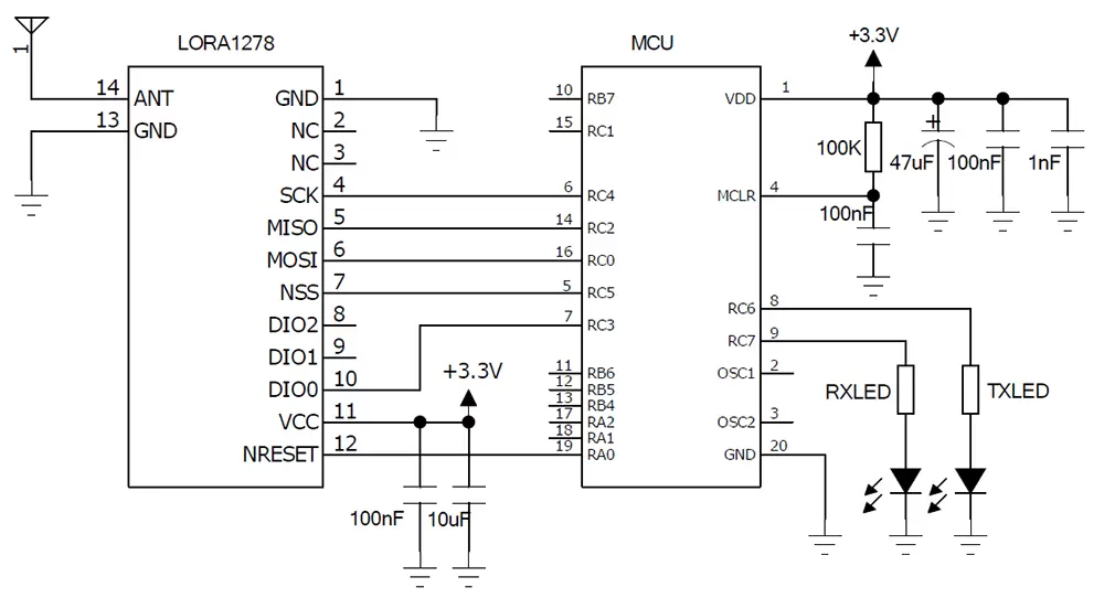 Circuito de aplicação do módulo LoRa sem fio 433/470MHz LoRa1278