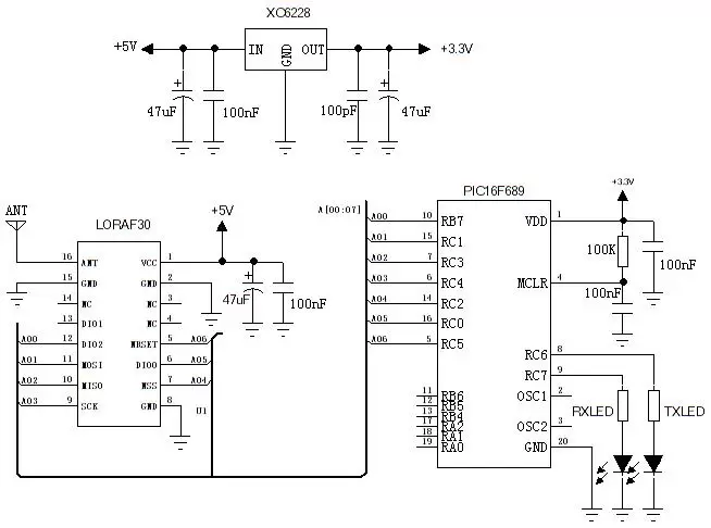Circuito de aplicação do módulo sem fio LoRa1276F30