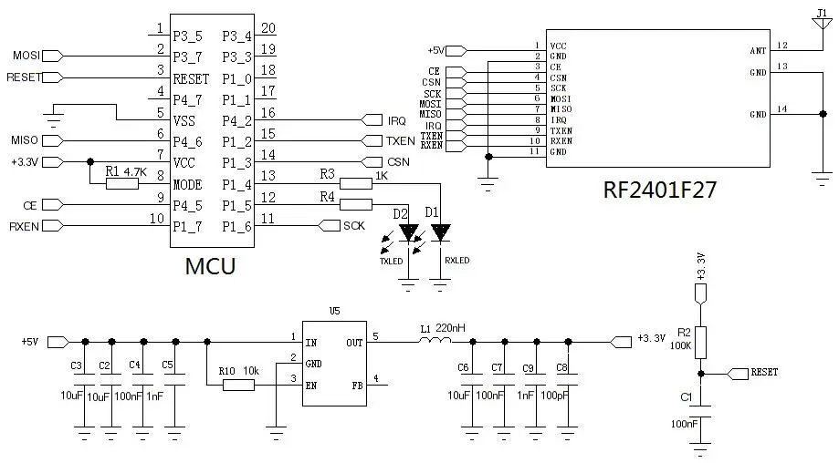 Circuito de aplicação do módulo sem fio 2.4G RF2401F27