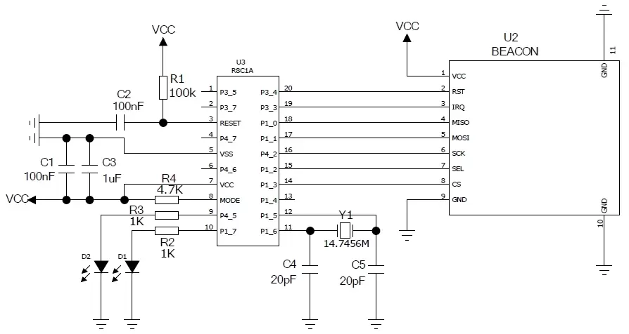 Circuito de aplicação do módulo Beacon Embedded Beacon 2,4 GHz Beacon128