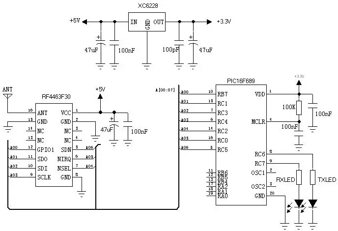 Circuito de aplicação do módulo RF Si4463 RF4463F30 de 1W