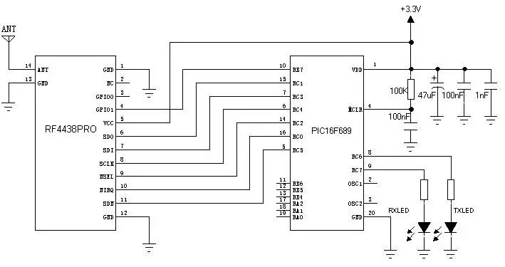 Circuito de aplicação do módulo RF front-end Si4438 433MHz 100mW RF4438PRO