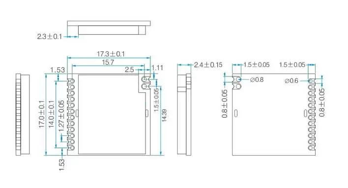 Dimensões mecânicas do módulo RF front-end Si4438 433MHz 100mW RF4438PRO