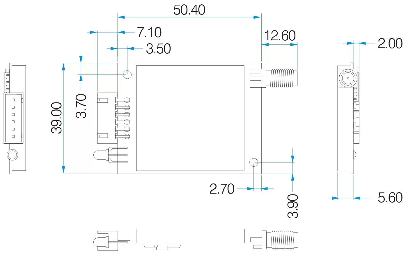 Dimensões mecânicas do módulo UART LoRa sem fio LoRaStar6100