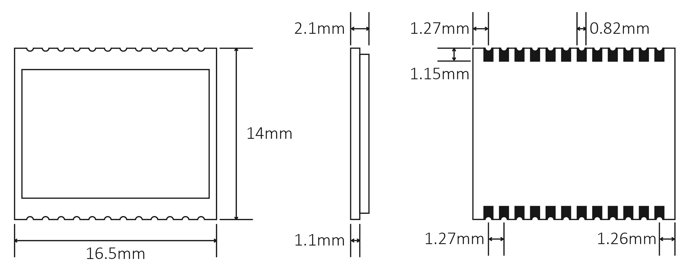 Dimensões mecânicas do módulo SOC EFR32