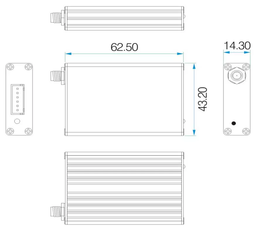 Dimensões mecânicas do modem RF sem fio de longo alcance SV652 em caixa de alumínio.