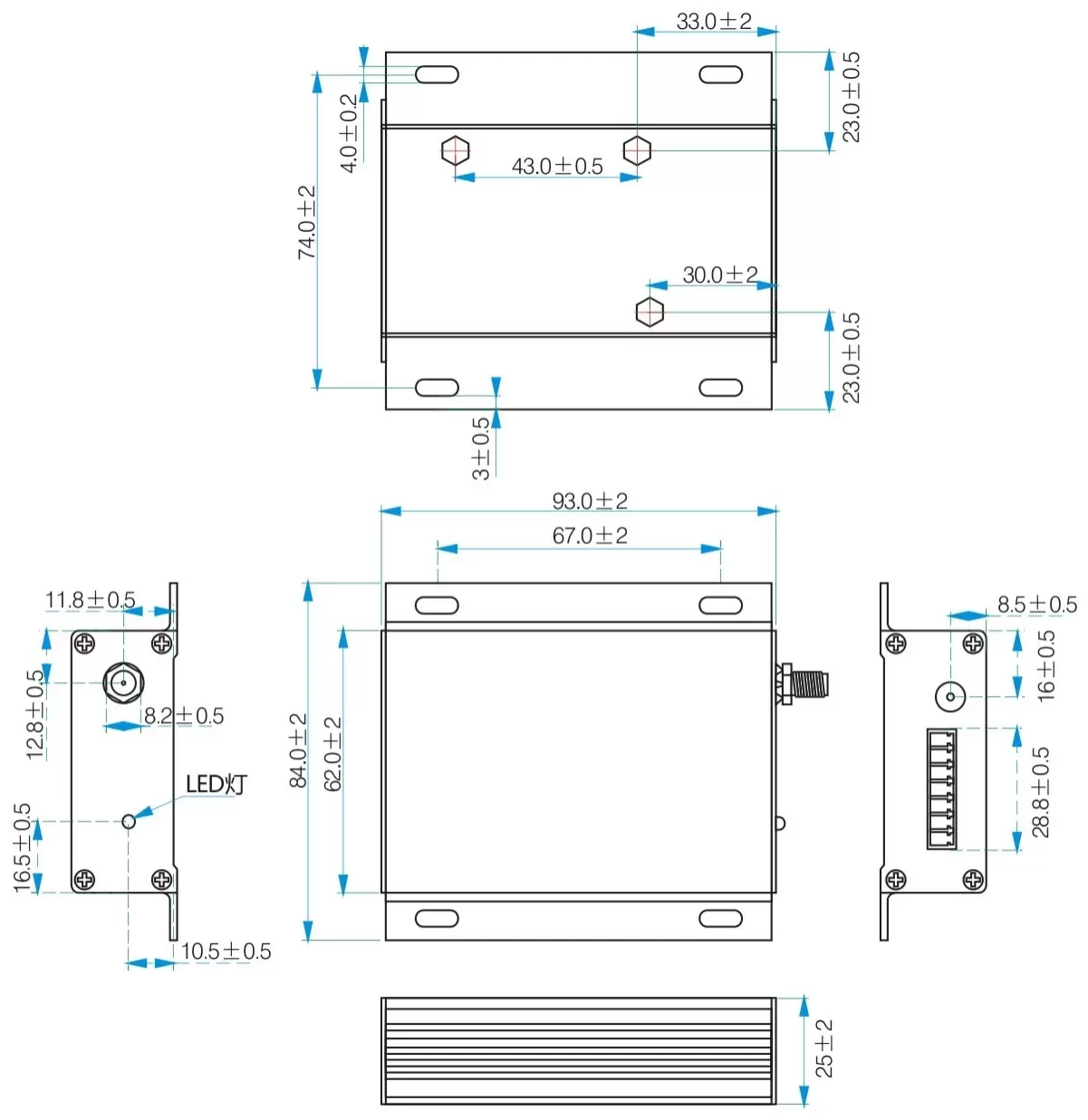 Dimensões mecânicas do modem RF industrial 3W SV6300