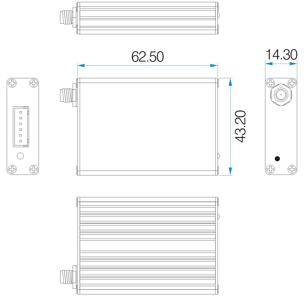 Dimensões mecânicas do modem RF industrial SV6202 de 2 W