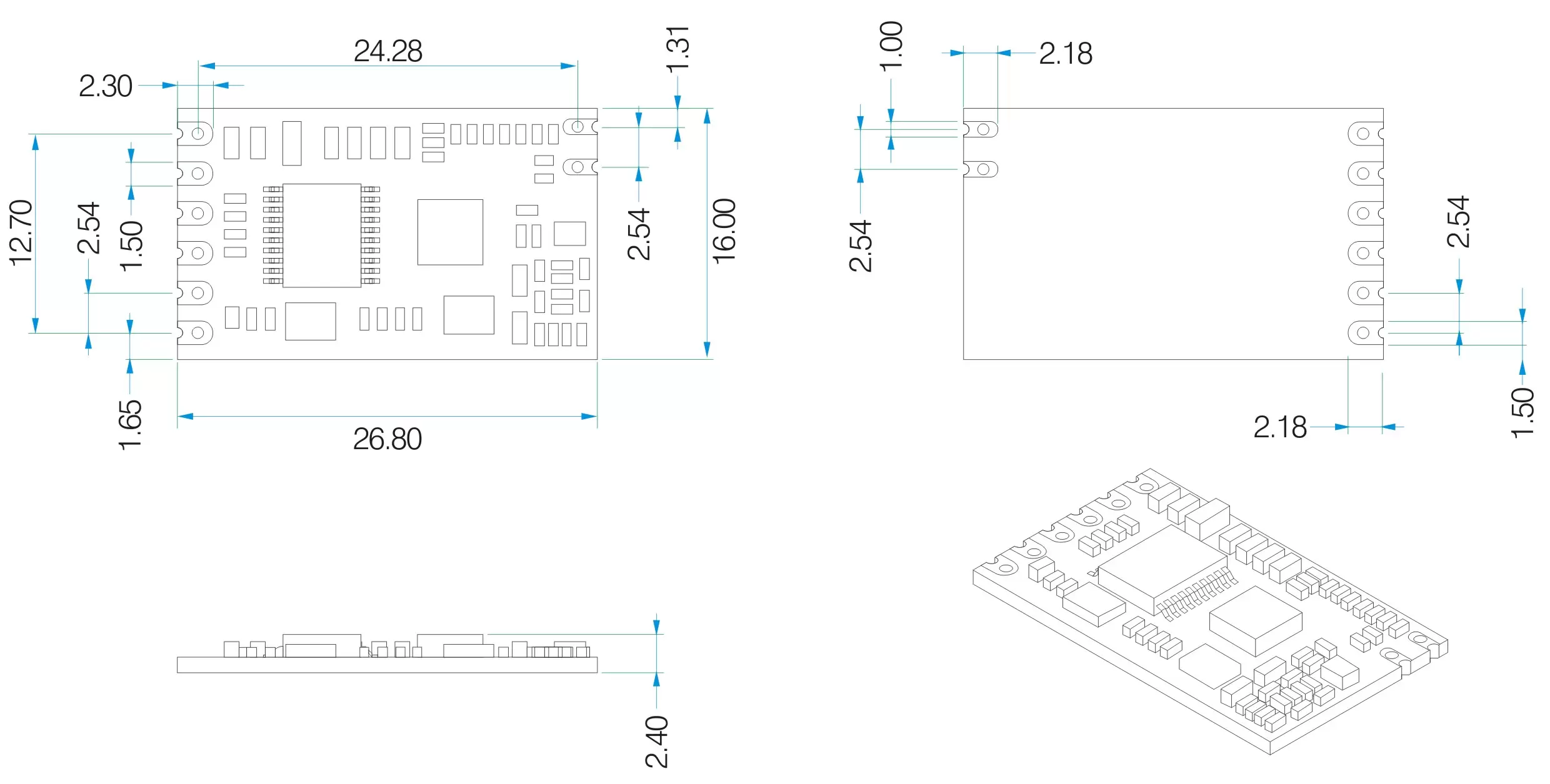 Dimensões mecânicas dos módulos sem fio RF Uart Mesh Network SV610