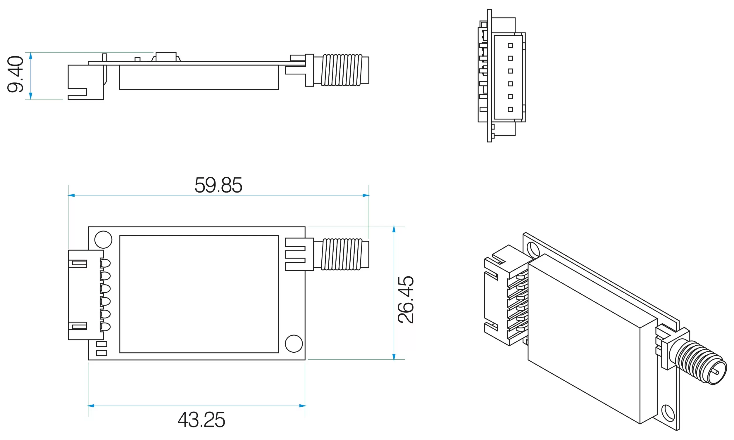 Dimensões mecânicas dos módulos sem fio RF Uart Mesh Network SV611