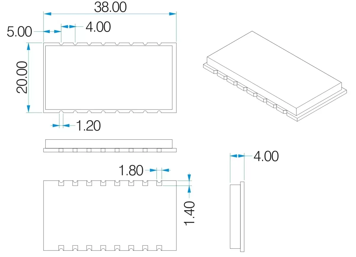 Dimensões mecânicas dos módulos sem fio RF Uart Mesh Network SV650