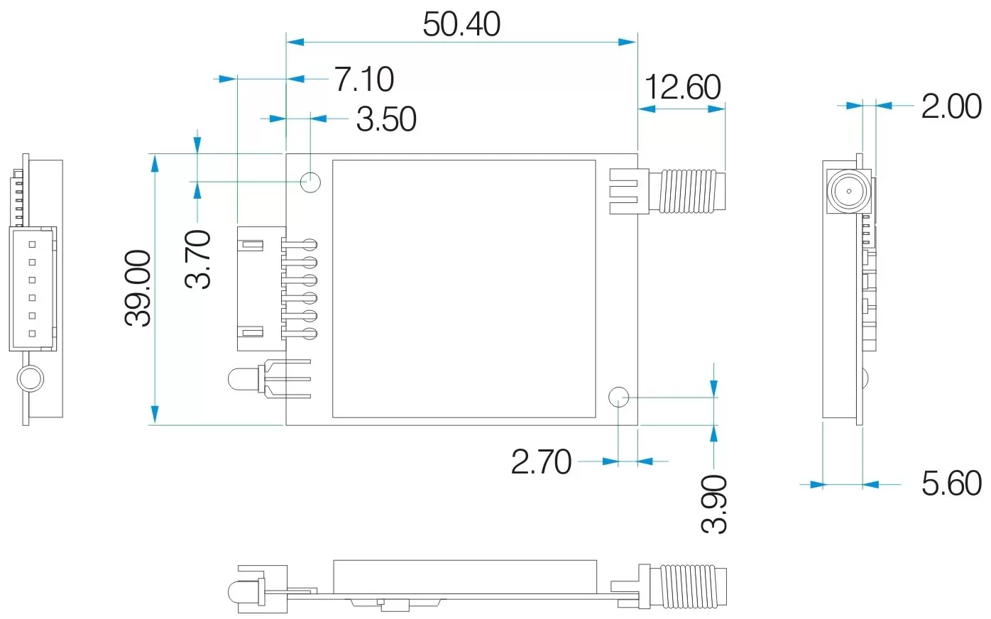 Dimensões mecânicas dos módulos sem fio RF Uart Mesh Network SV651