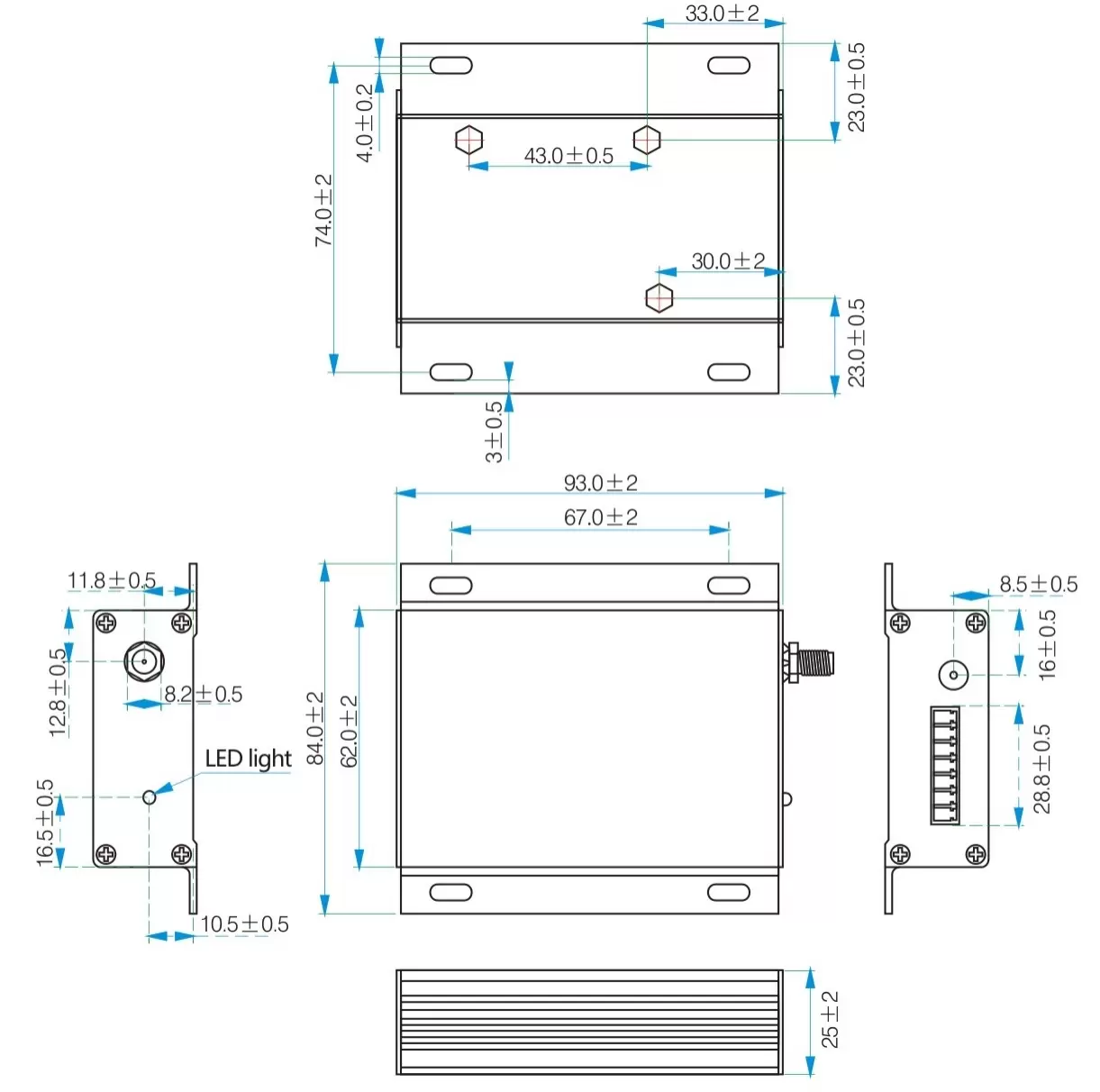 Dimensões mecânicas dos módulos sem fio RF Uart Mesh Network SV6300/6500