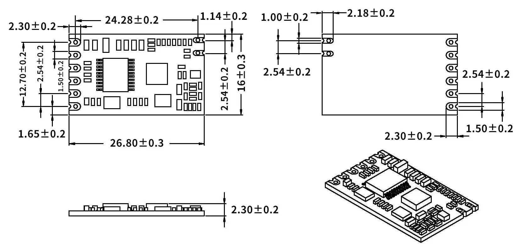 Dimensões mecânicas do módulo RF Uart SV610