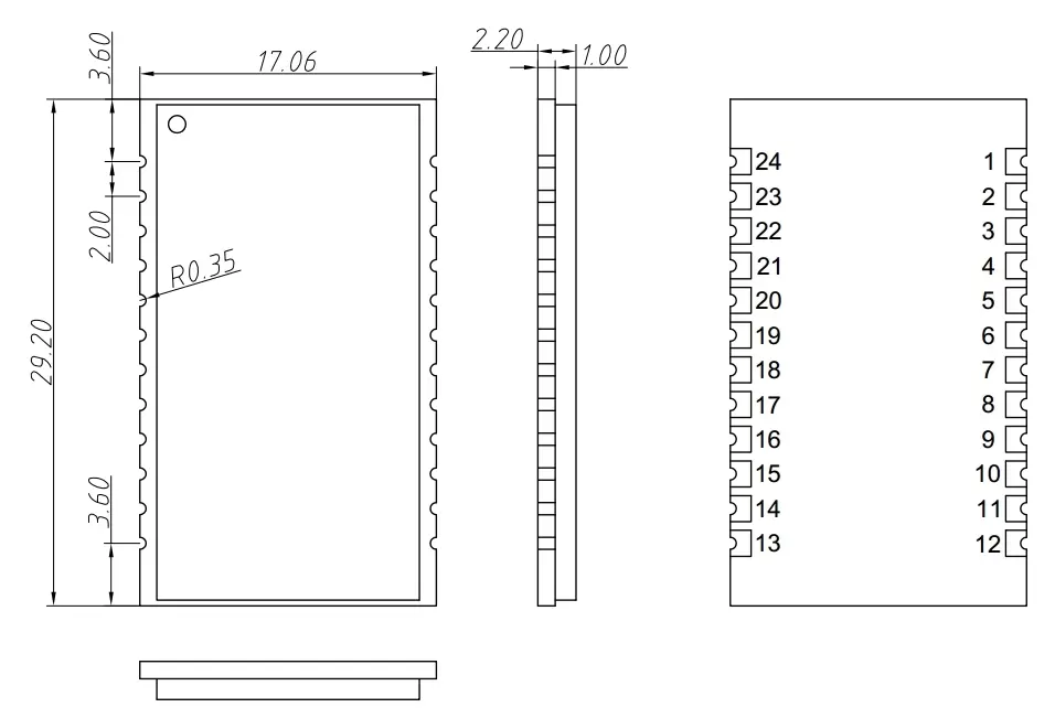 Dimensões mecânicas do módulo de nó de gateway LoRaWan LN610