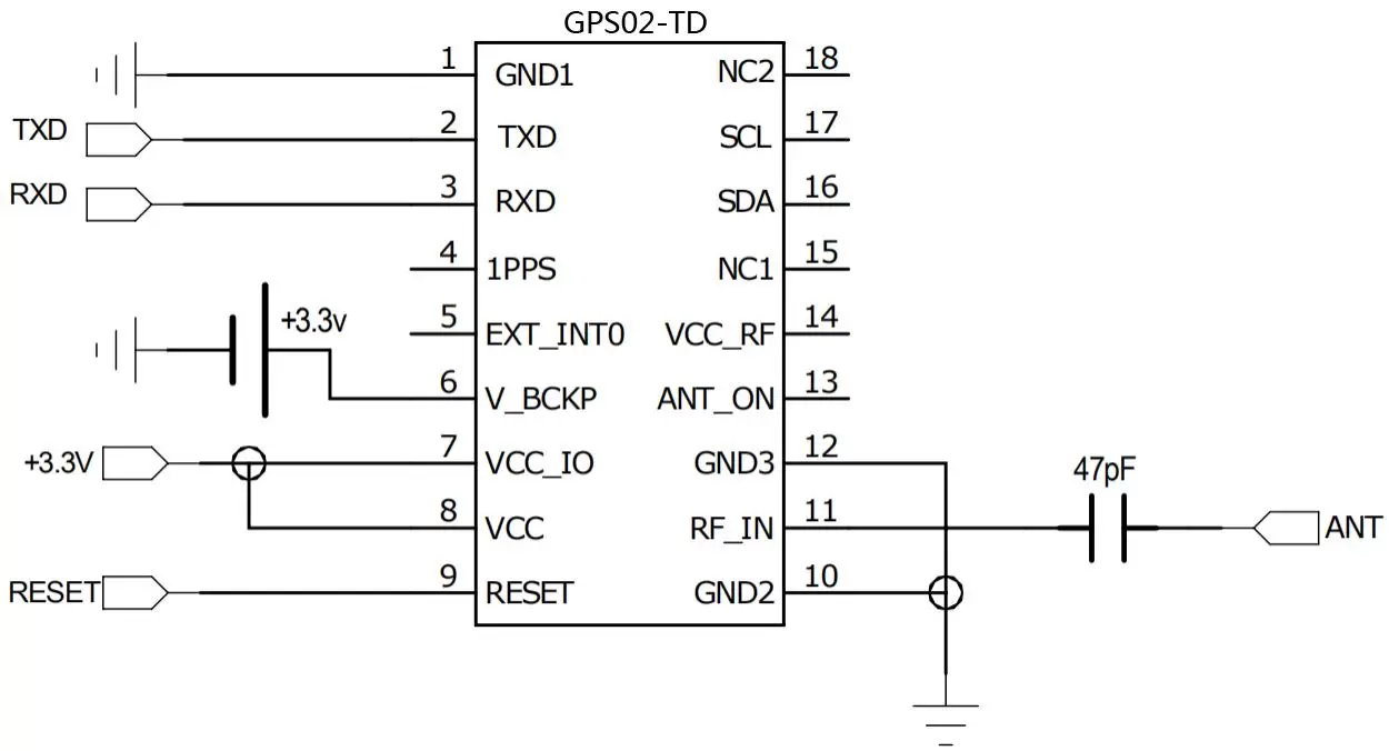 Diagrama de conexão do circuito da antena passiva para o módulo GPS GPS02-TD