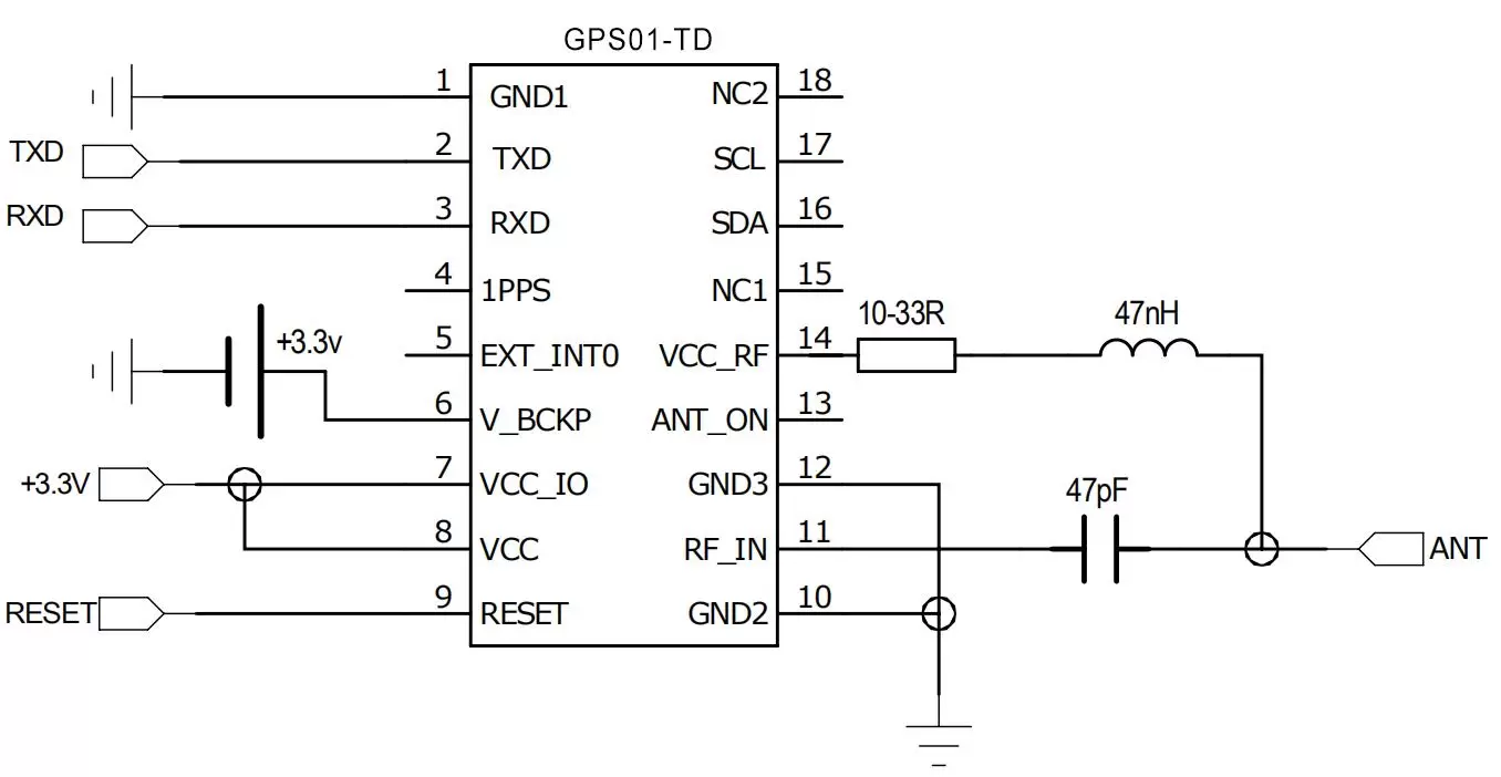 Diagrama de conexão do circuito de aplicação da antena ativa do módulo GPS GPS01-ZK