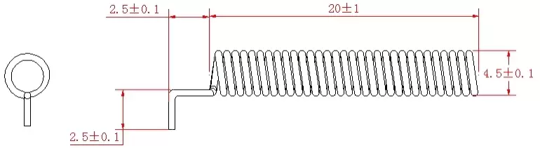 Dimensões da antena de mola de cobre de 315 MHz com tubo preto SW315-TH20