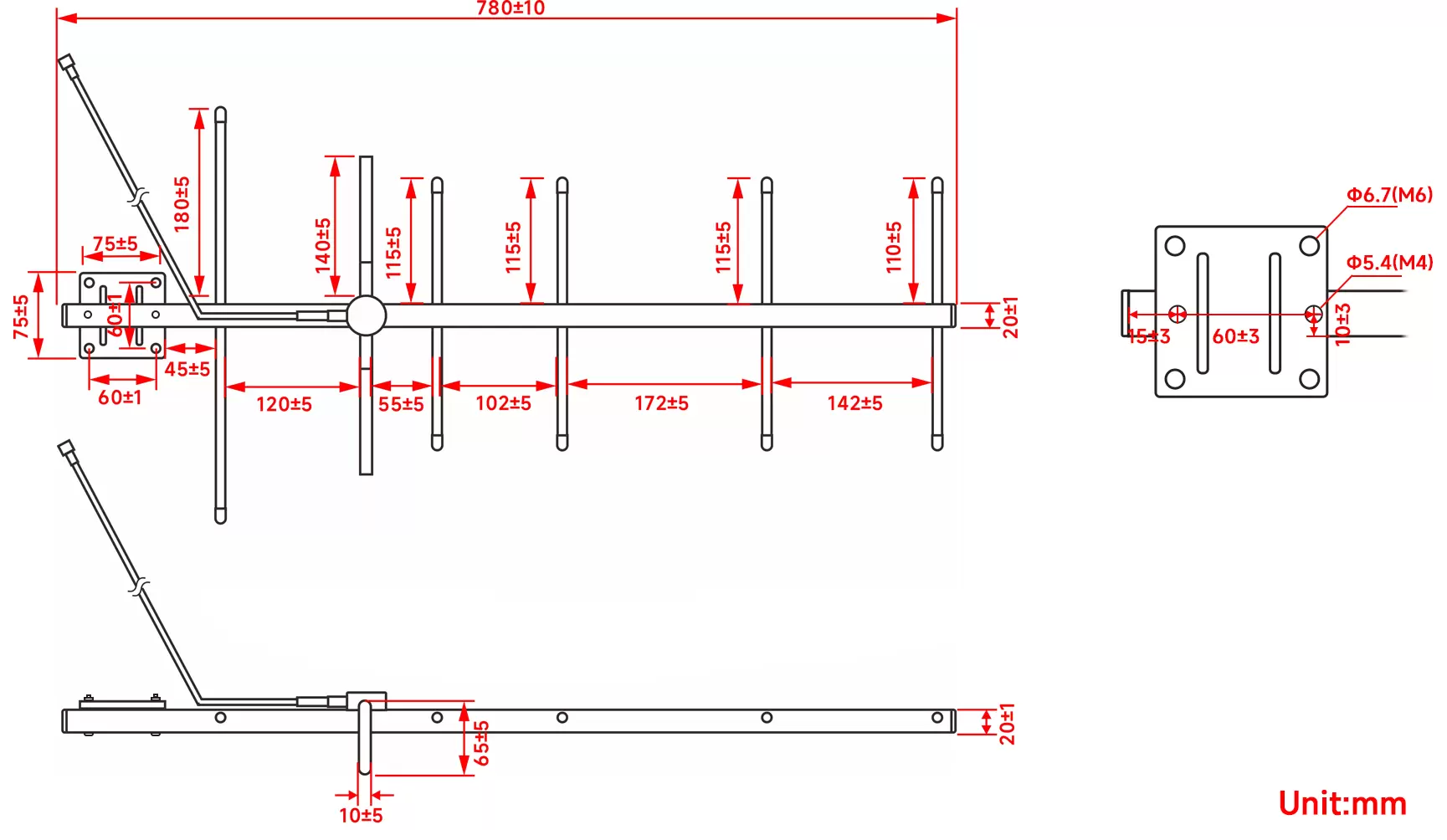 Dimensões da antena Yagi direcional de alto ganho de 433 MHz SW433-BM-02