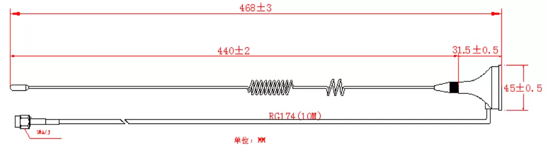 Dimensões da antena de sucção de 433 MHz SW433-LXP-10M