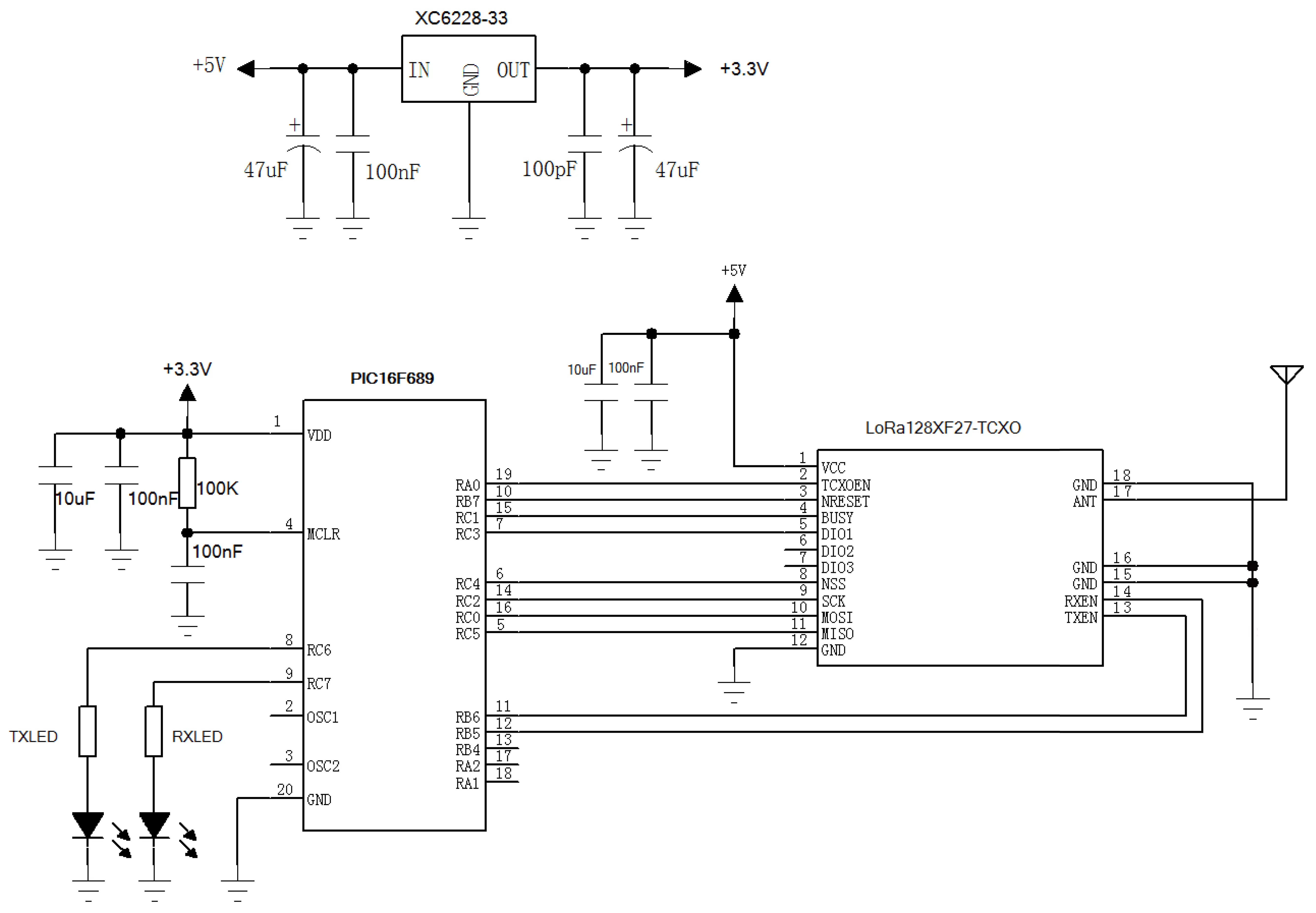 Circuito de aplicação do módulo RF sem fio LoRa1280F27-TCXO