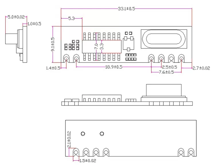 Tamanhos mecânicos do módulo receptor ASK de 315 MHz SRX887