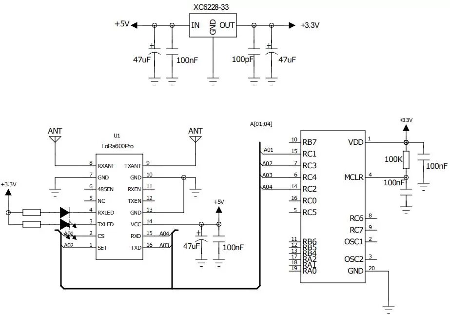 Circuito de aplicação do módulo RF LoRa LoRa600Pro