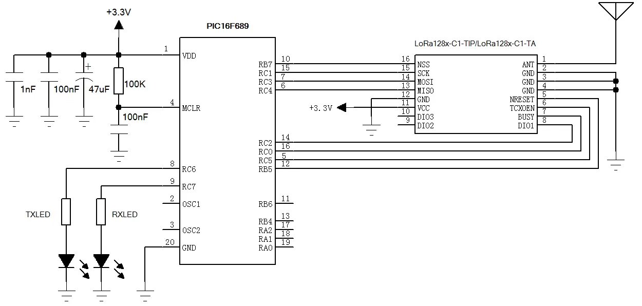 Circuito de aplicação do módulo transceptor sem fio LoRa de 2,4 GHz LoRa128X-C1-TIP/LoRa128X-C1-TA para conectividade de longo alcance.