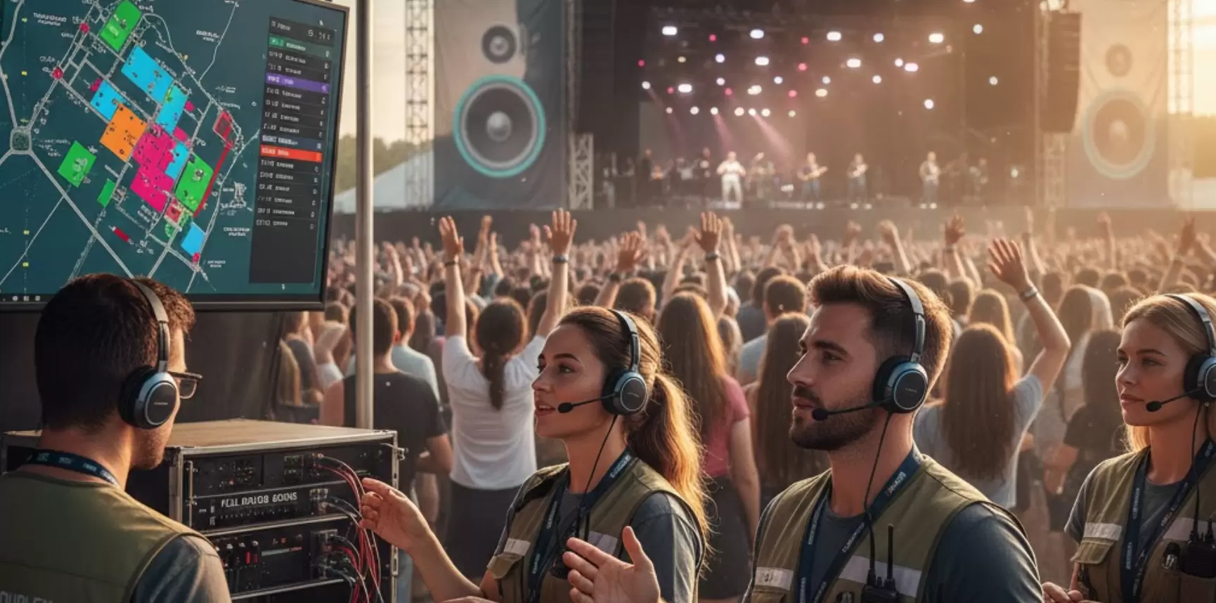 Equipe de organização de eventos trabalhando em um show com fones de ouvido full duplex.