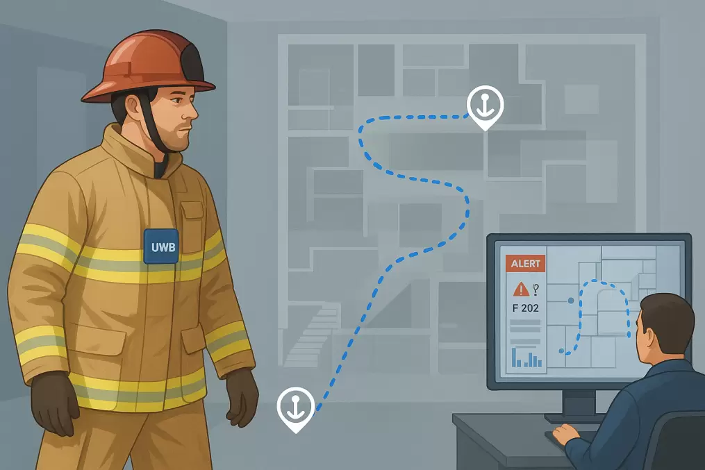 Ilustração do posicionamento interno por UWB usado para a segurança de bombeiros, rastreando sua localização em um mapa do edifício.