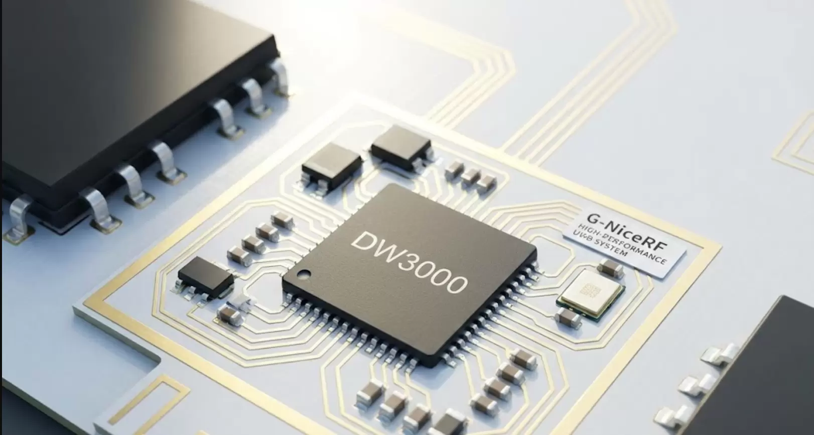 Imagem em close-up do chip UWB DW3000 de alto desempenho da G-NiceRF.
